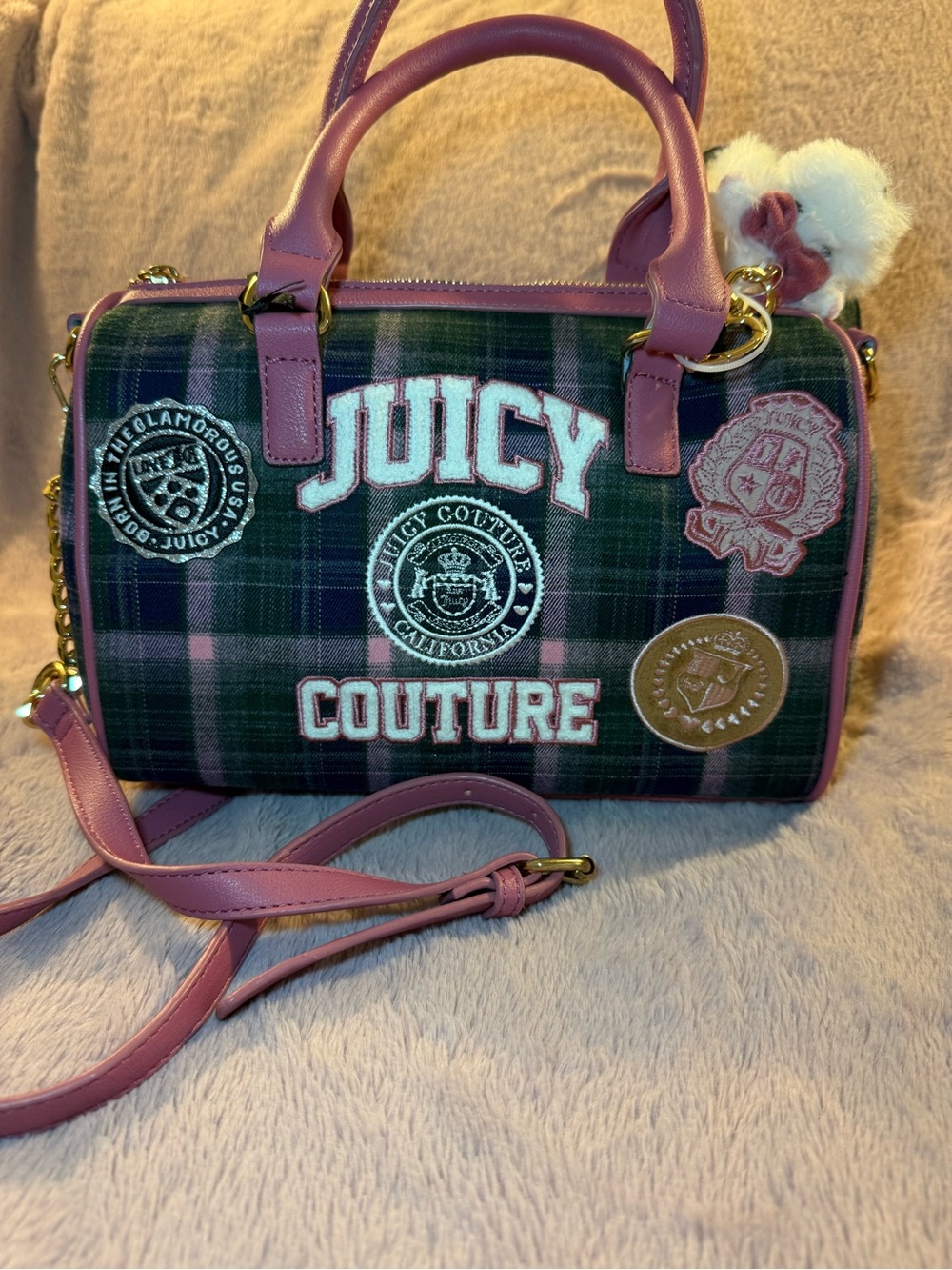 🦩 Juicy Couture Pink Plaid Varsity Satchel Handbag with Plush Charm - Picture 11 of 11